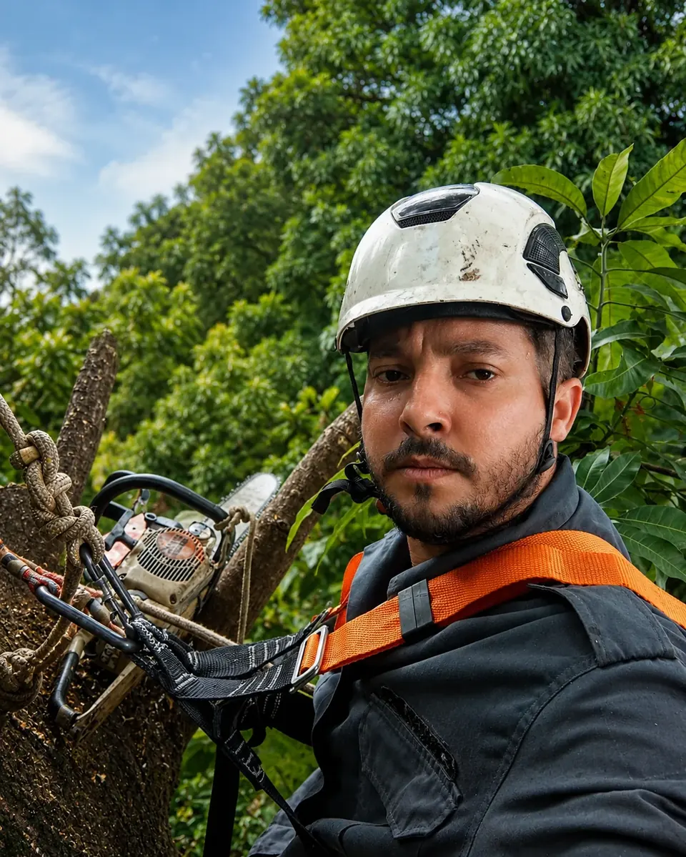 Arborista da Sonic com capacete e cinto de segurança, pendurado em uma árvore com a motosserra